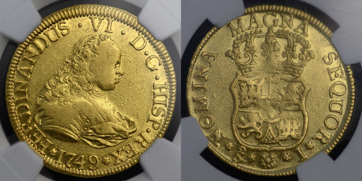 SPAIN, FERDINAND VI, 1749 GOLD 4 ESCUDO FROM THE SHIPWRECK OF NUESTRA