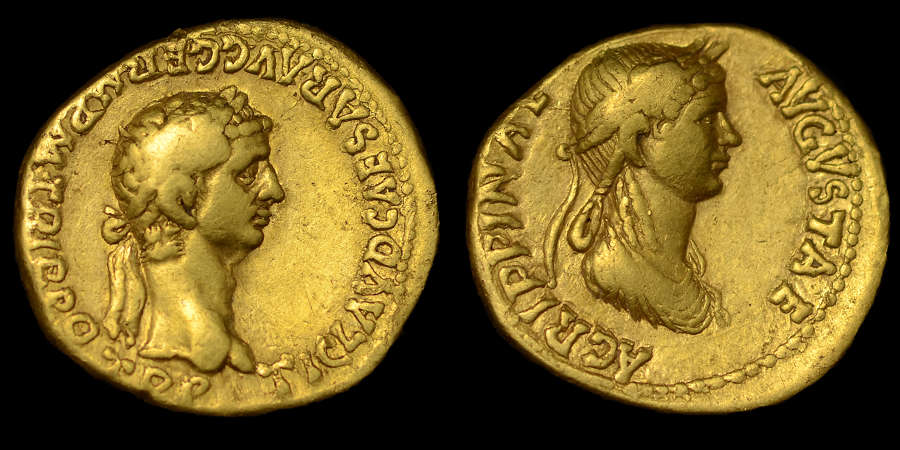 CLAUDIUS WITH AGRIPPINA JUNIOR, GOLD AUREUS OF LUGDUNUM MINT
