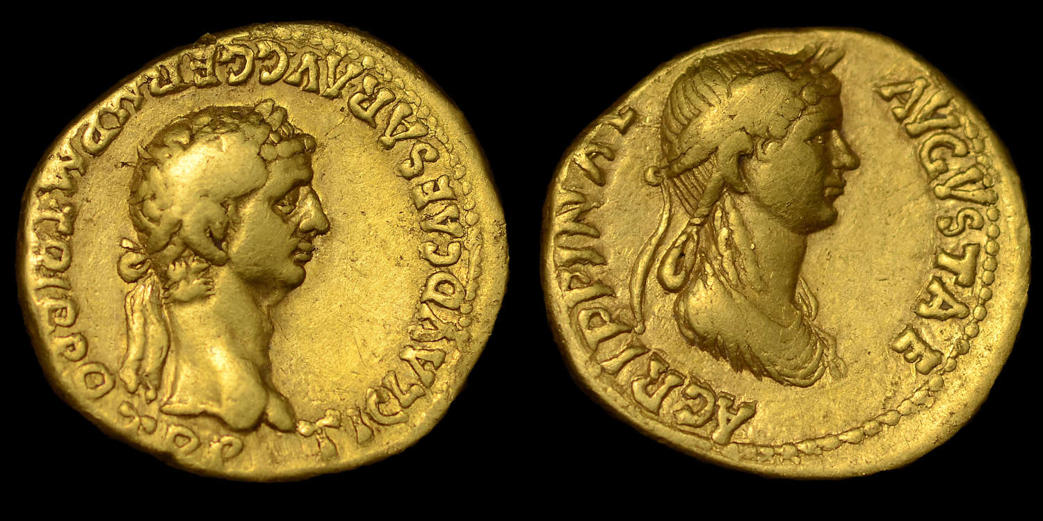 CLAUDIUS WITH AGRIPPINA JUNIOR, GOLD AUREUS OF LUGDUNUM MINT