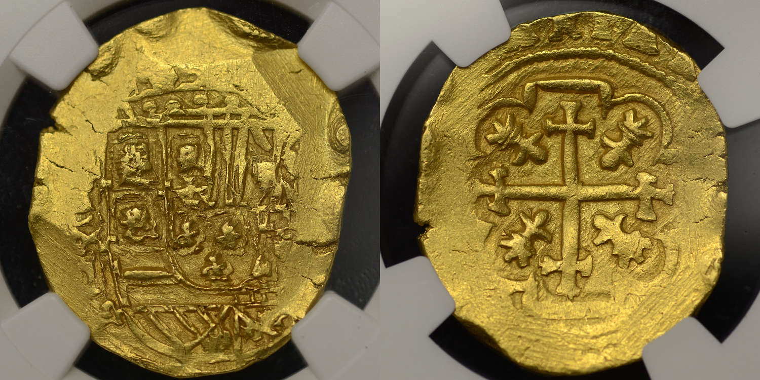 1715 FLEET, MEXICO (1711-13), PHILIP V GOLD 8 ESUDOS COB, MS63