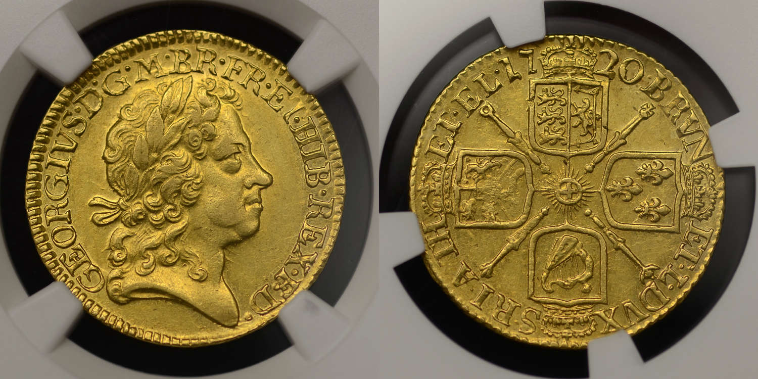 GEORGE I 1720 GOLD GUINEA, FOURTH HEAD, AU58