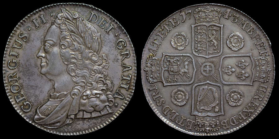 GEORGE II, 1743 CROWN, ROSES IN REVERSE ANGLES, MS 62