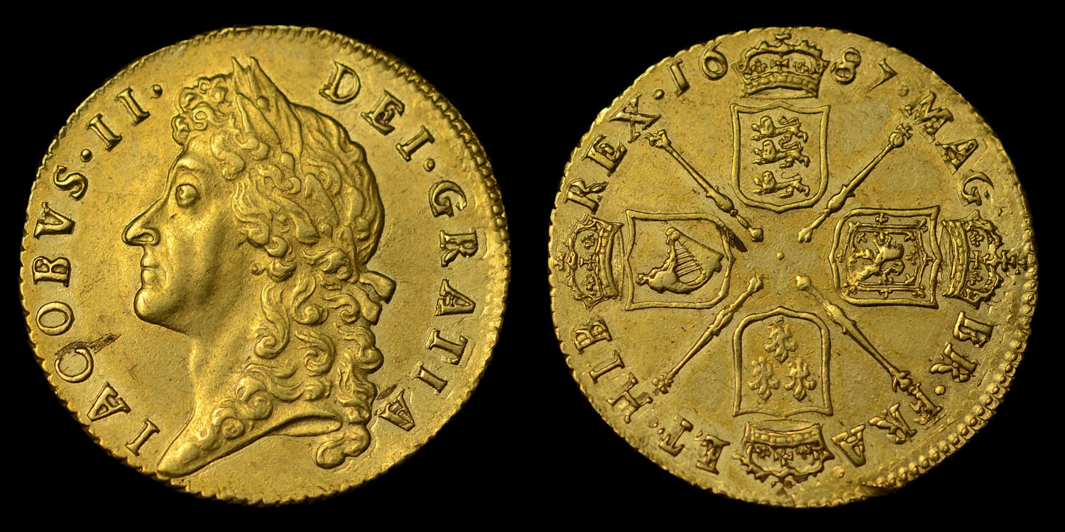 JAMES II 1687 GOLD GUINEA, SECOND BUST
