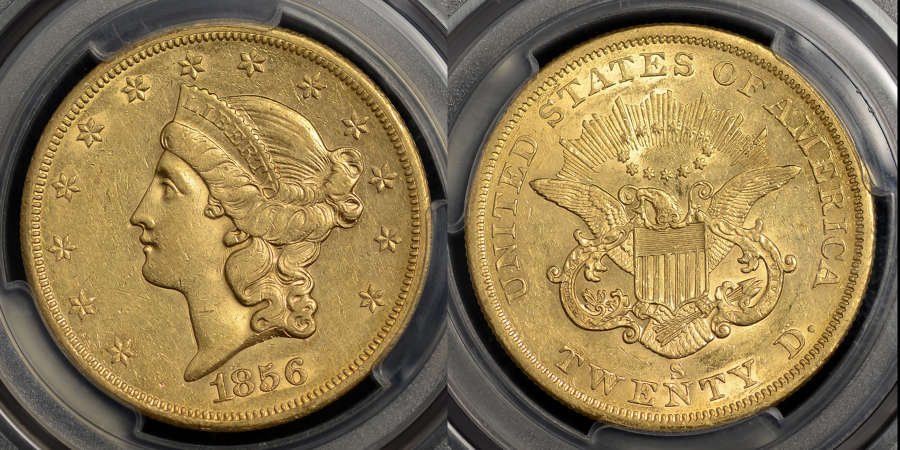 SS CENTRAL AMERICA 1856-S GOLD TWENTY DOLLARS, WITH A PINCH OF GOLD