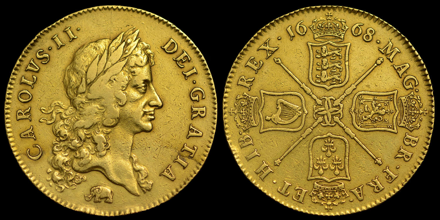 CHARLES II 1668 GOLD FIVE GUINEAS (FIRST YEAR ISSUE OF FIVE GUINEAS)