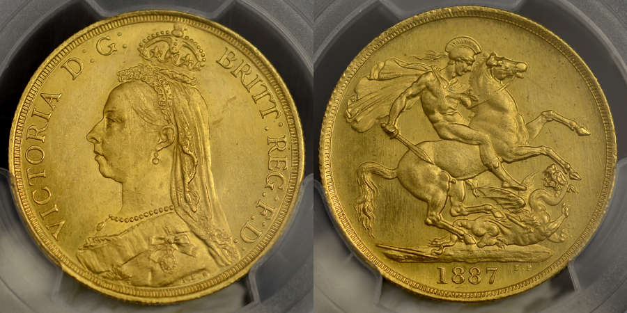 VICTORIA, 1887 GOLD TWO-POUNDS MS 63, RARE DIES 2C/3B BROKEN STREAMER