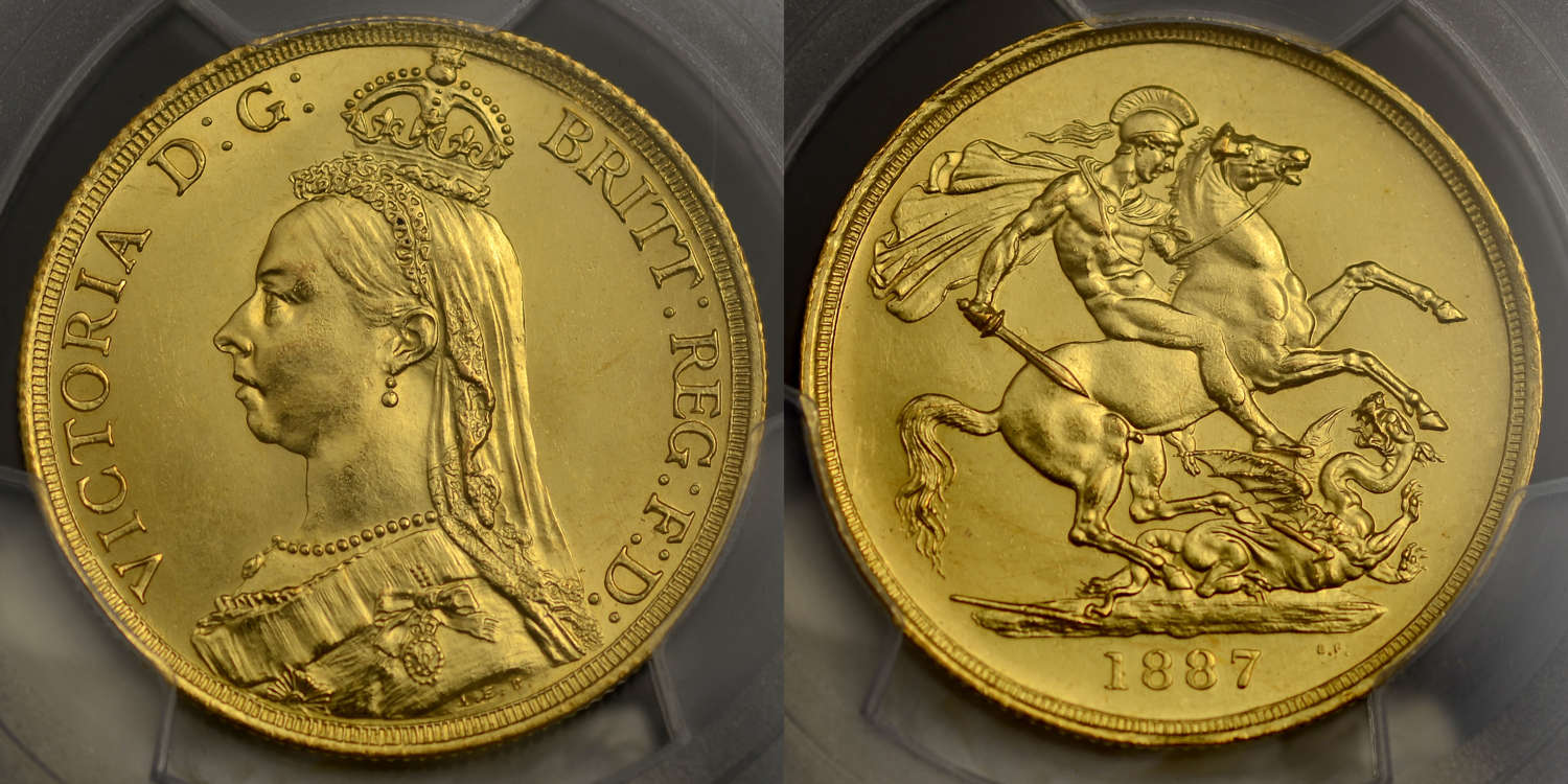 VICTORIA, 1887 GOLD TWO-POUNDS MS 62