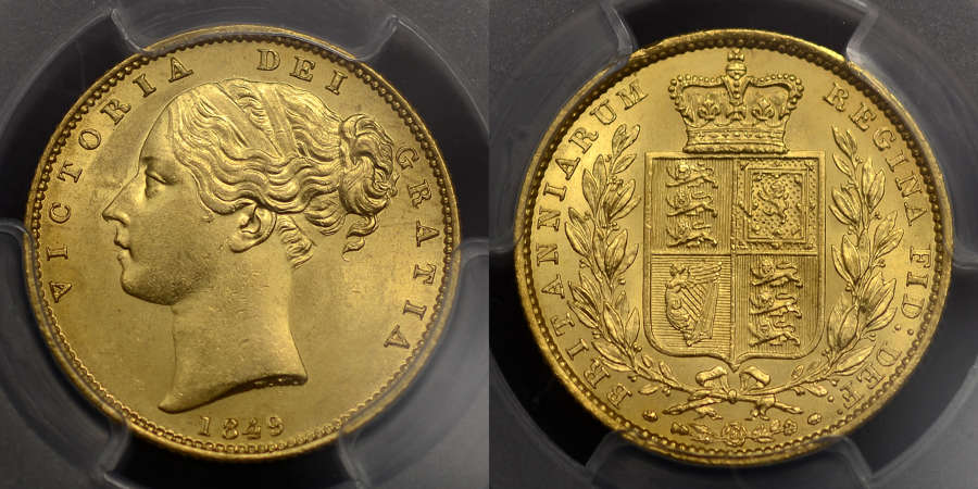 VICTORIA 1849 GOLD SOVEREIGN, SECOND HEAD, MS 62