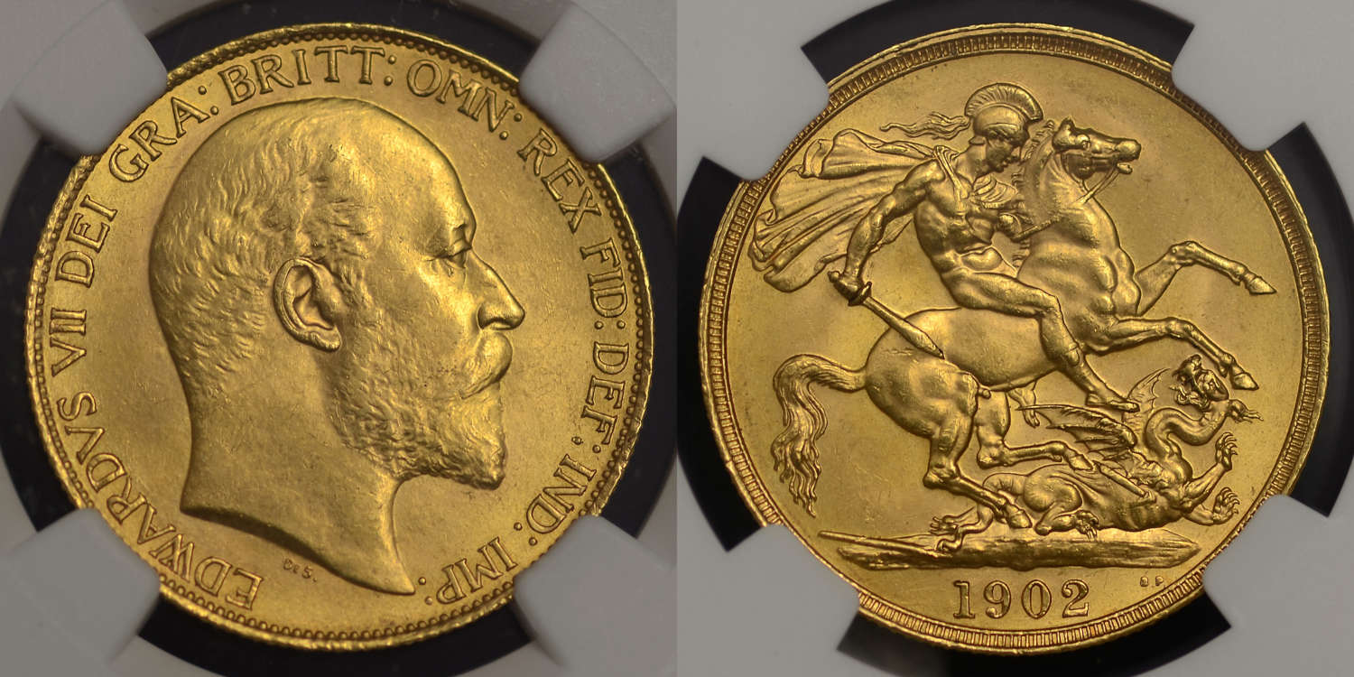 EDWARD VII 1902 CURRENCY ISSUE GOLD TWO POUNDS MS62
