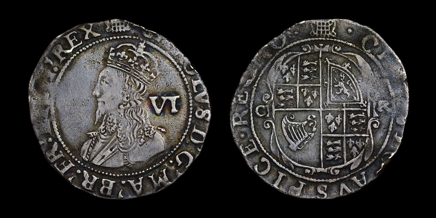CHARLES I SIXPENCE, MM PORTCULLIS, EX BROOKER COLLECTION