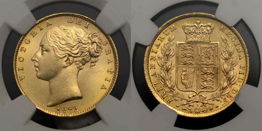 VICTORIA 1872 GOLD SOVEREIGN DIE NUMBER 7, MS63