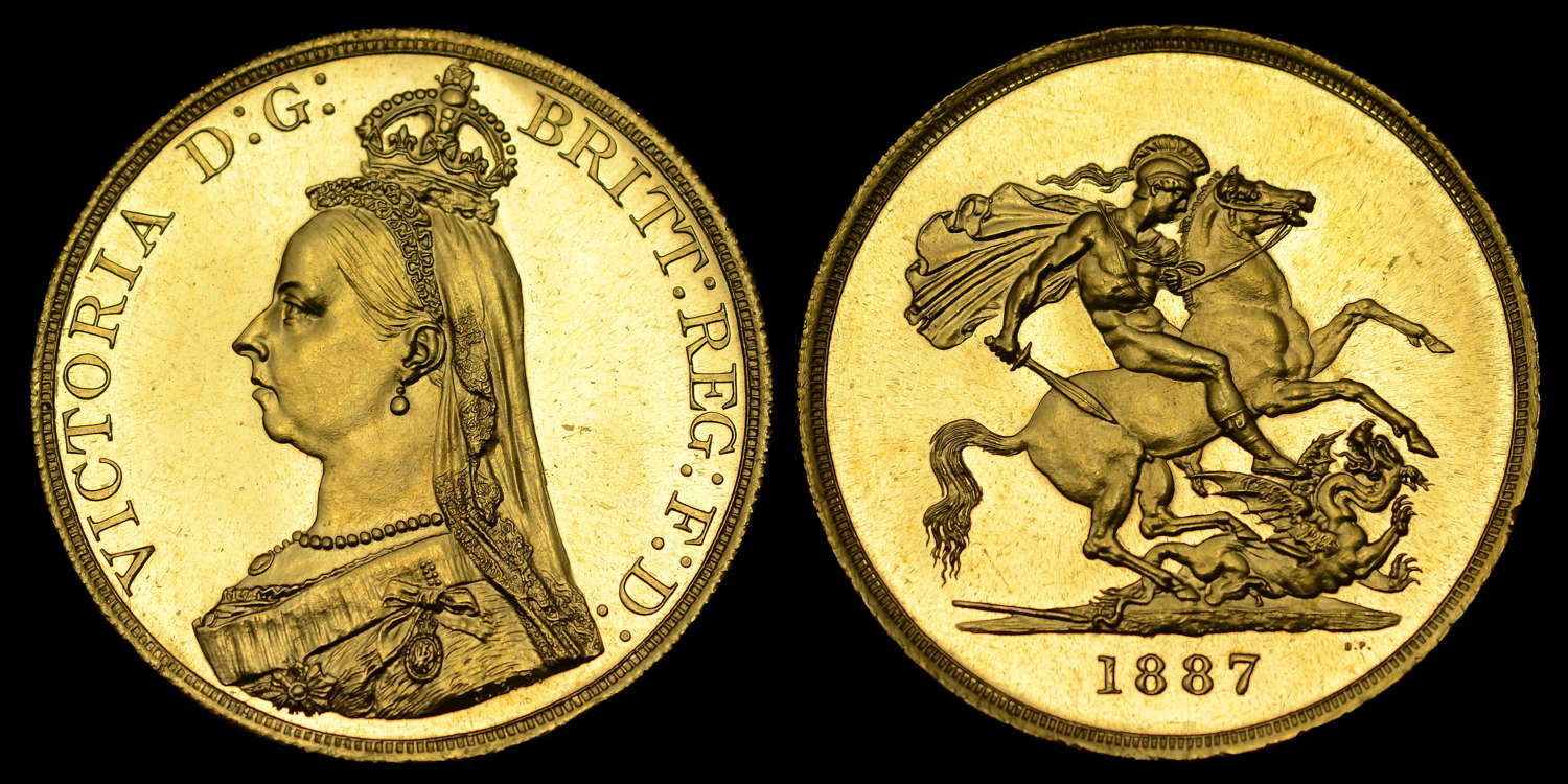 VICTORIA 1887 GOLD FIVE POUNDS, MS 62 (PROOF LIKE)