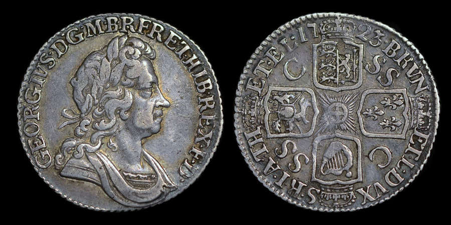 GEORGE I 1723 SSC SHILLING, SECOND BUST WITH LOOP TIE TO REAR OF HEAD