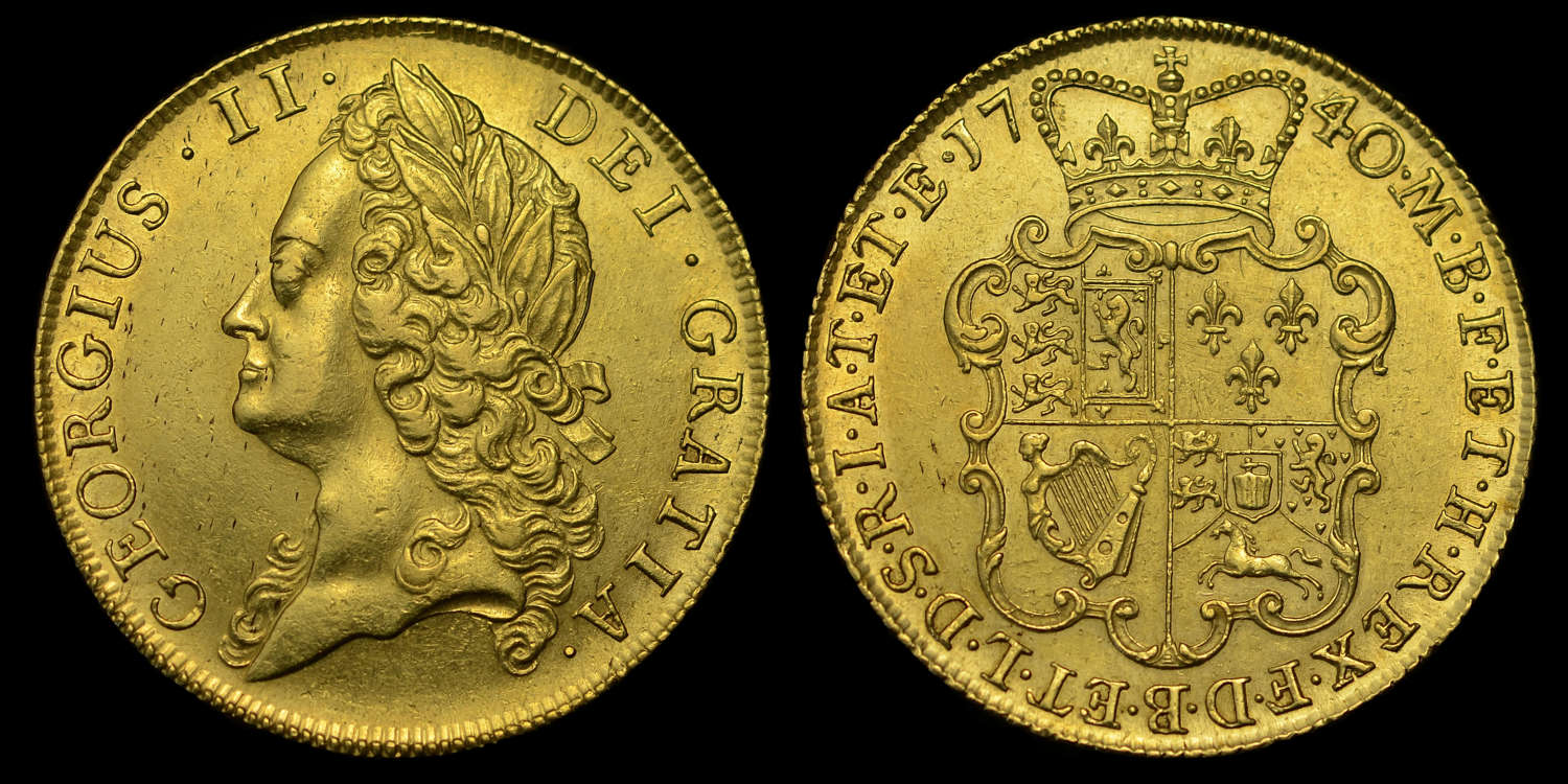 GEORGE II 1740 GOLD MILLED TWO GUINEAS, 40 STRUCK OVER 39
