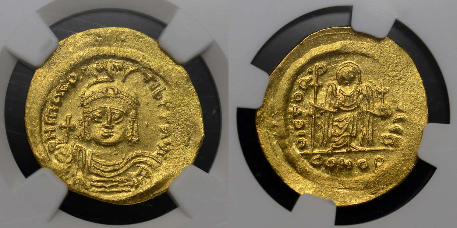 MAURICE TIBERIUS HAMMERED GOLD SOLIDUS, NGC MS 4/5