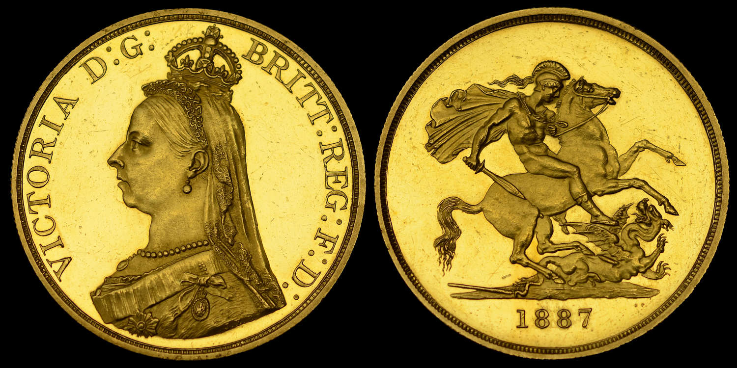 VICTORIA 1887 GOLD PROOF FIVE POUNDS, JUBILEE ISSUE