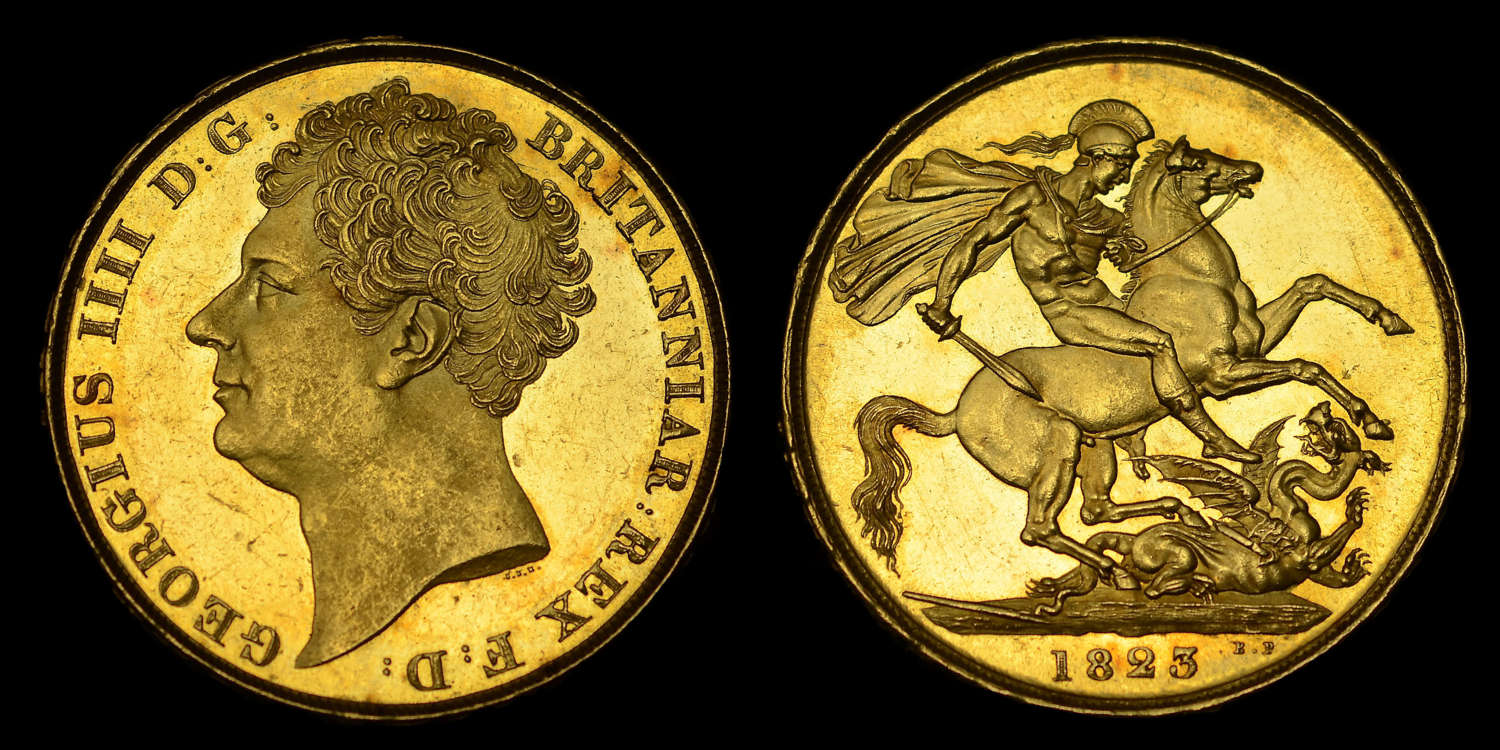 GEORGE IV, 1823 GOLD TWO POUNDS MS62 PL (PROOF LIKE)