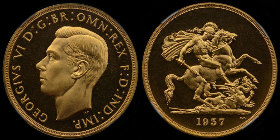 GEORGE VI 1937 GOLD PROOF FIVE POUNDS, CORONATION ISSUE, PF 63*