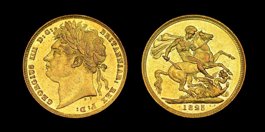 GEORGE IV 1825 GOLD SOVEREIGN, FIRST LAUREATE HEAD VERY RARE