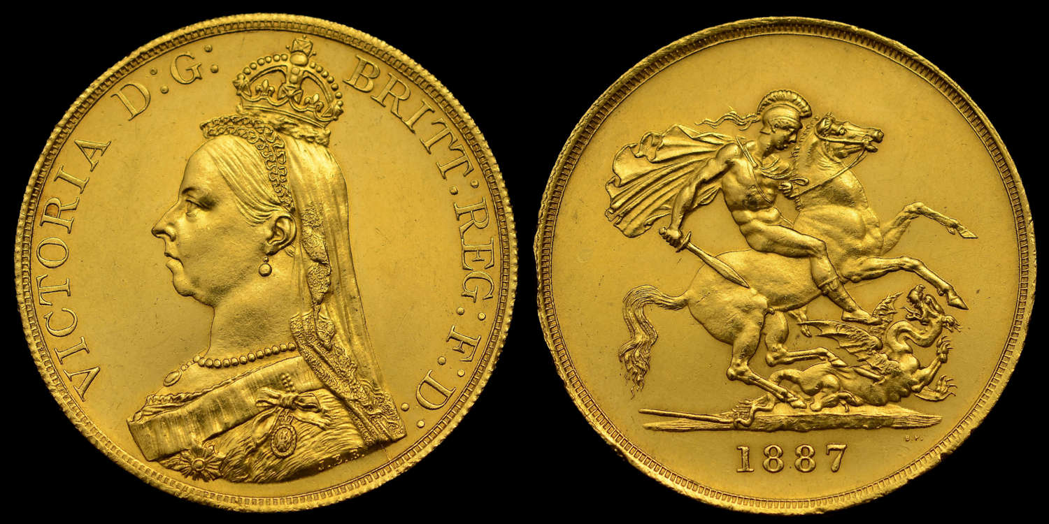 VICTORIA ,1887 GOLD FIVE POUNDS AU58