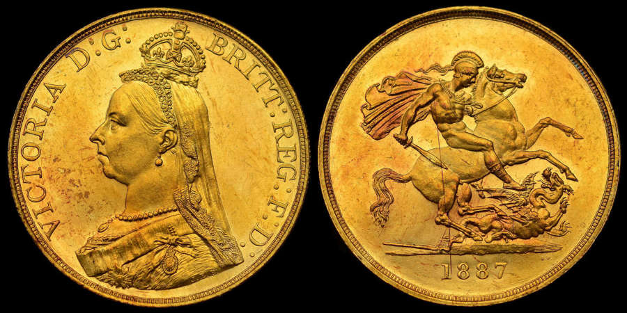 VICTORIA 1887 GOLD FIVE POUNDS, MS 61 PL (PROOF LIKE)