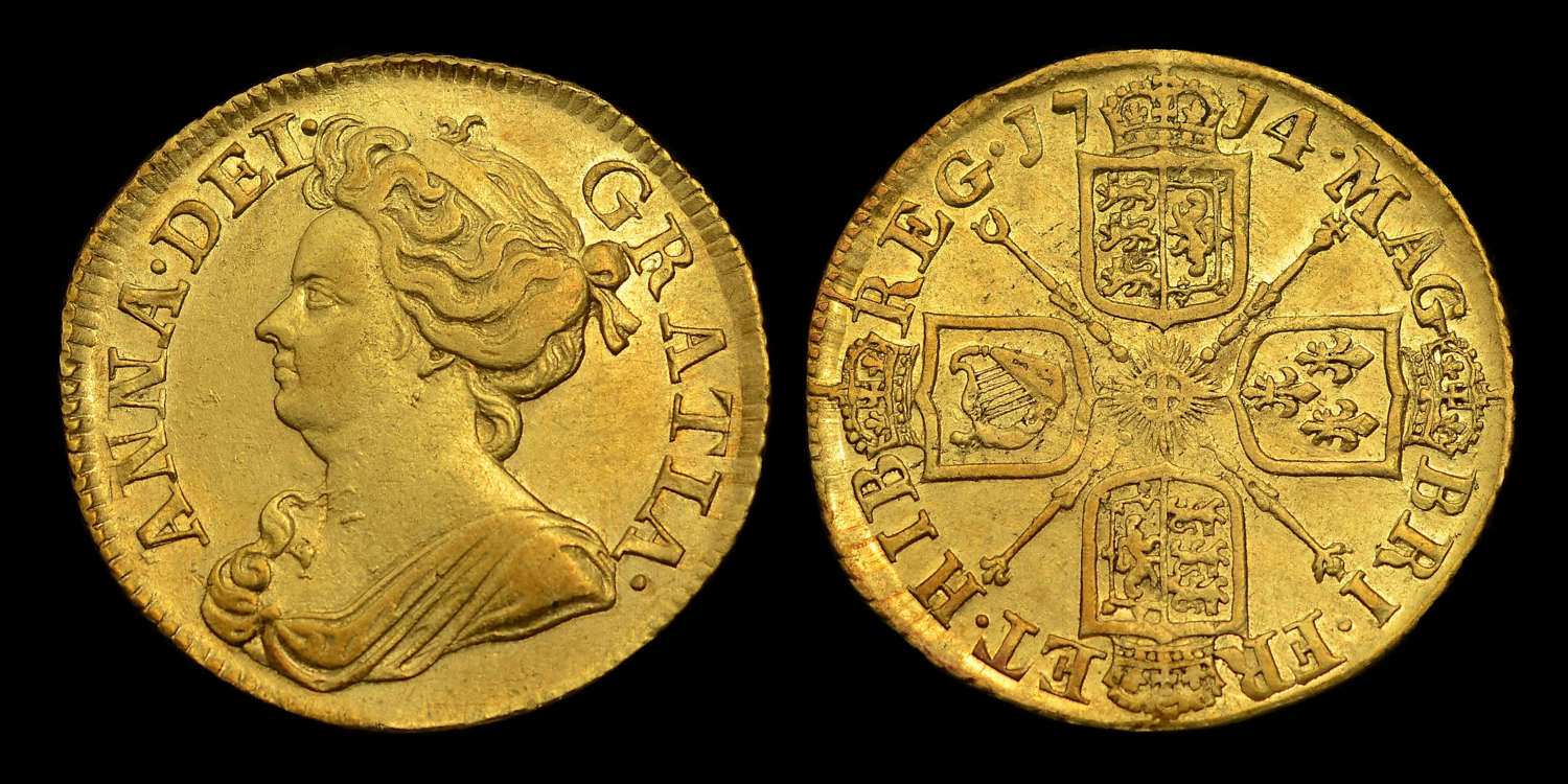 QUEEN ANNE 1714, POST UNION WITH SCOTLAND GOLD GUINEA