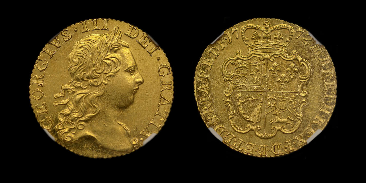 GEORGE III 1772 GOLD GUINEA, THIRD BUST MS 61