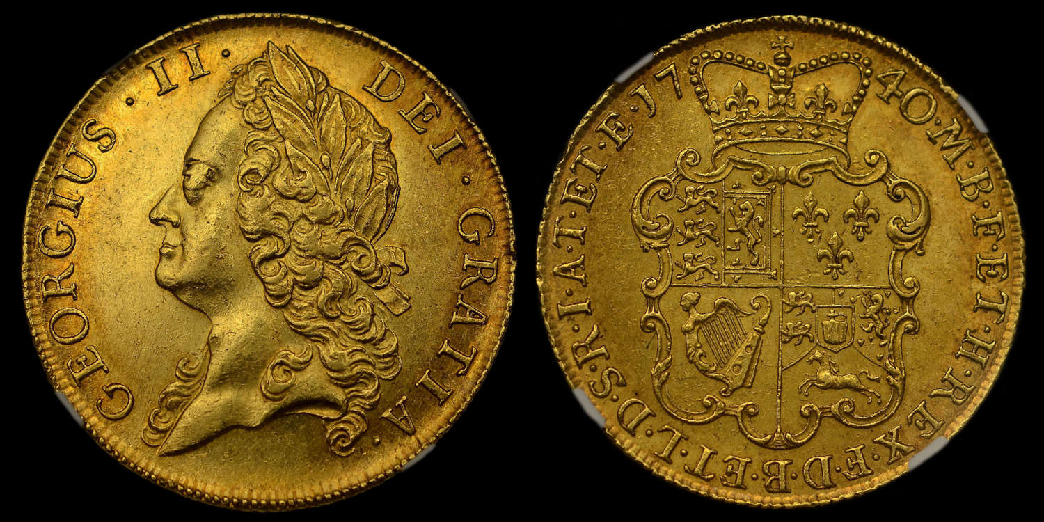 GEORGE II 1740 GOLD TWO GUINEAS, 40 STRUCK OVER 39 AU58