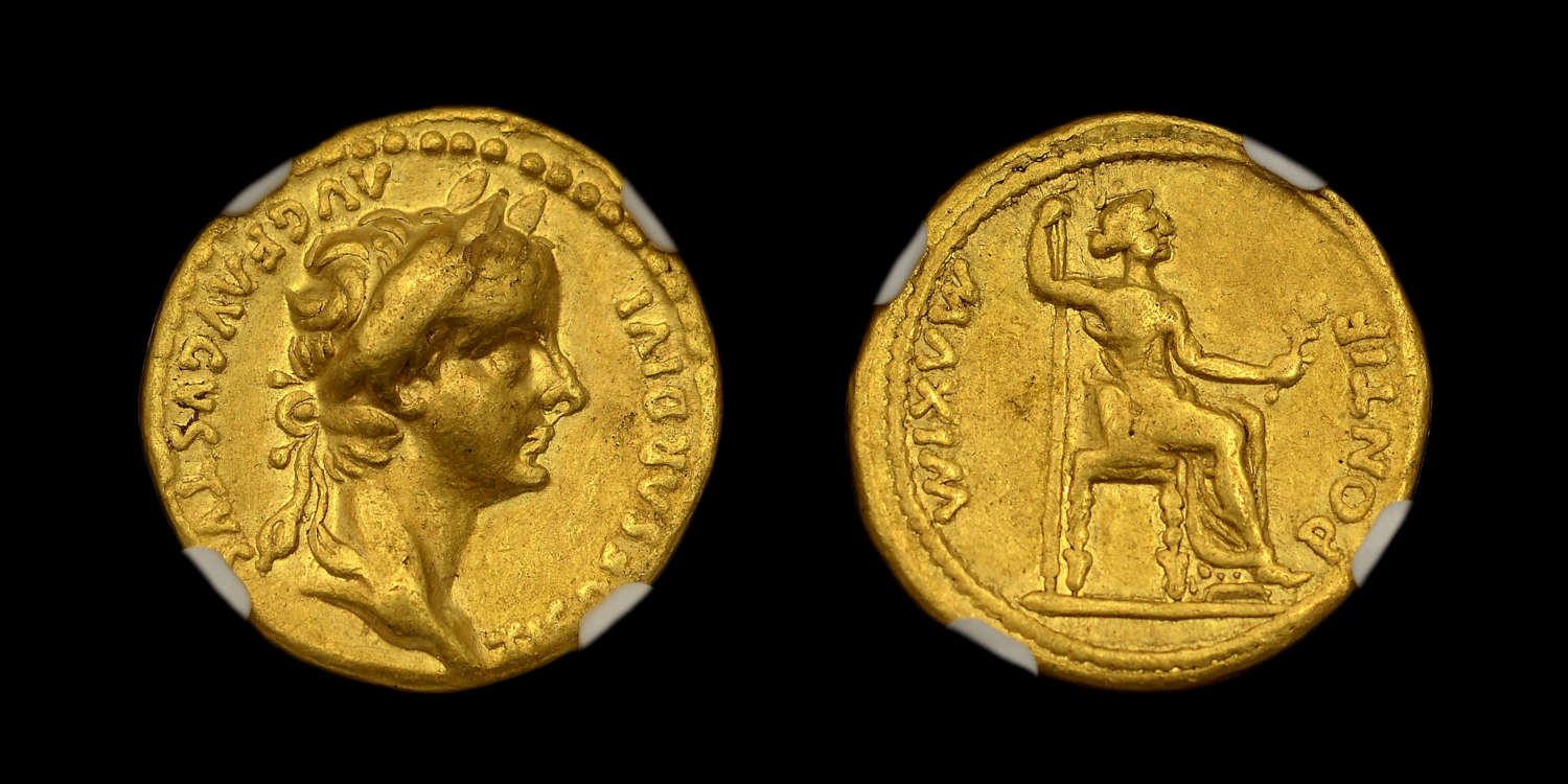 TIBERIUS, GOLD AUREUS, MINT OF LUGDUNUM, NGC VF