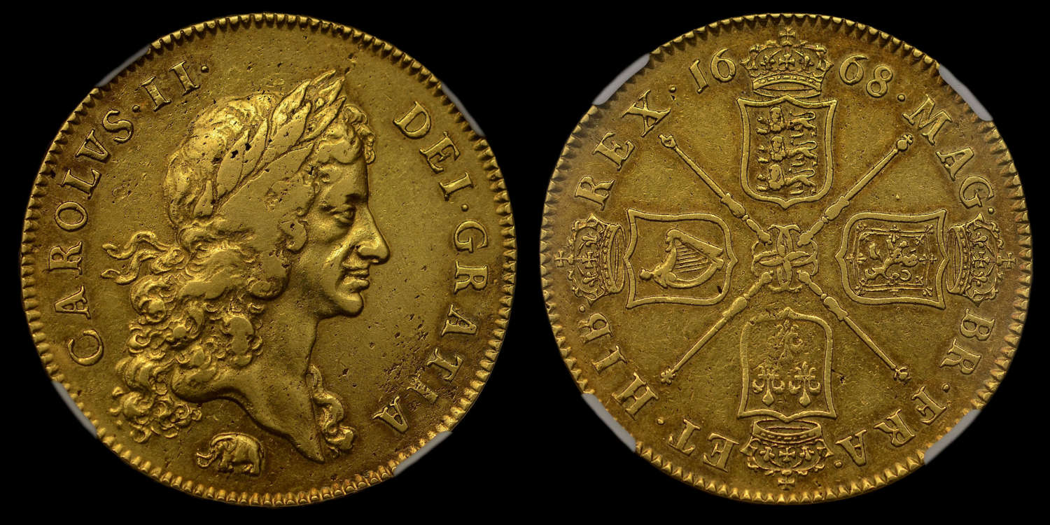 CHARLES II, GOLD FIVE GUINEAS 1668, ELEPHANT BELOW AU50