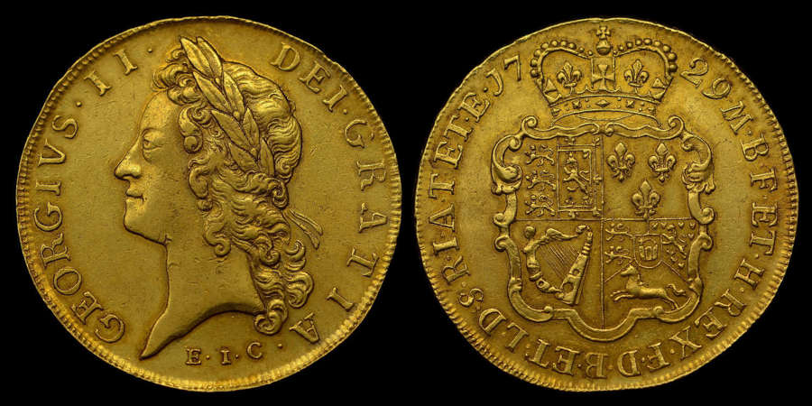 GEORGE II, 1729 GOLD FIVE GUINEAS E.I.C. EAST INDIA COMPANY