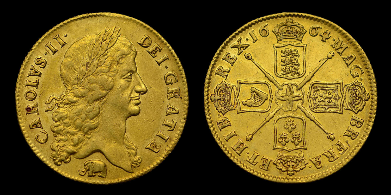 CHARLES II, 1664 GOLD TWO GUINEAS WITH ELEPHANT BELOW