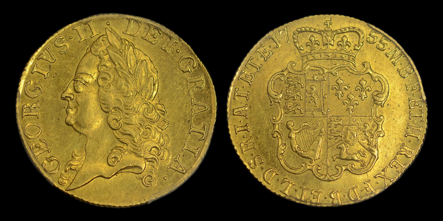 GEORGE II, RARE 1755 GOLD GUINEA, PCGS MS 61 *TOP OF THE POPULATION*