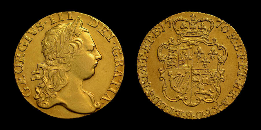 GEORGE III 1770 GOLD GUINEA, (RARE KEY DATE, THIRD BUST)