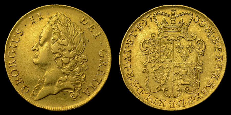 GEORGE II, 1739 GOLD MILLED TWO GUINEAS, INTERMEDIATE HEAD