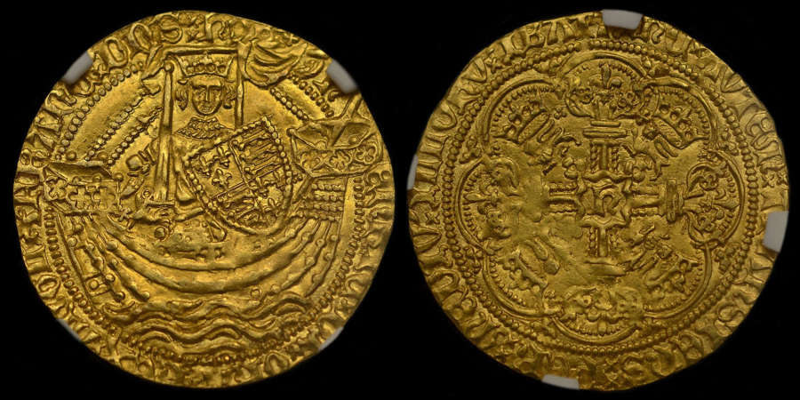 HENRY V GOLD NOBLE, RARE CLASS E/F MULE, MS63