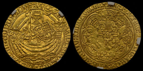 HENRY V GOLD NOBLE, RARE CLASS E/F MULE, MS63