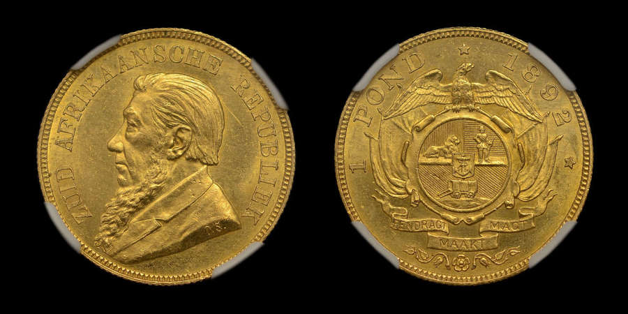 SOUTH AFRICA, 1892 DOUBLE SHAFT GOLD POND MS 63