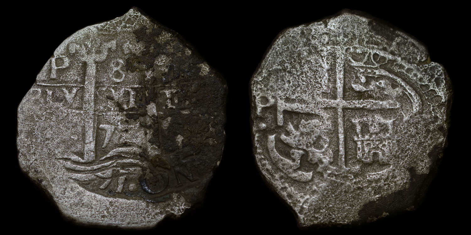 SPAINISH EIGHT REALES, 1677 POTOSI MINT, FROM HMS ASSOCIATION WRECK