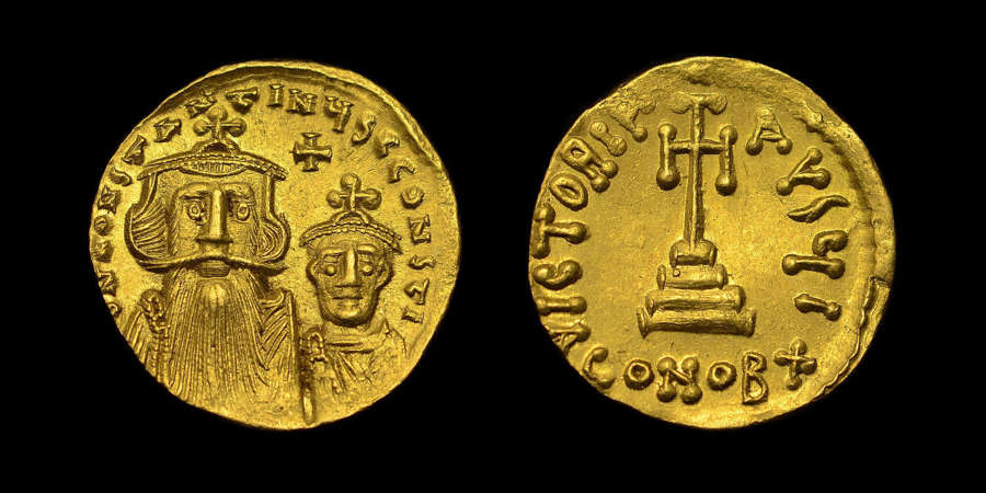 CONSTANS II WITH CONSTANTINE IV, GOLD SOLIDUS, CONSTANTINOPLE, NGC MS