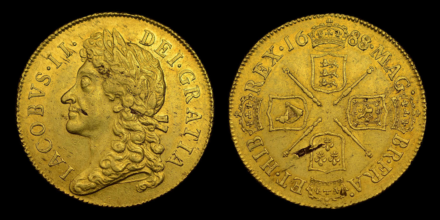 JAMES II, 1688/7 GOLD TWO GUINEAS AU55, (*SECOND HIGHEST GRADED)