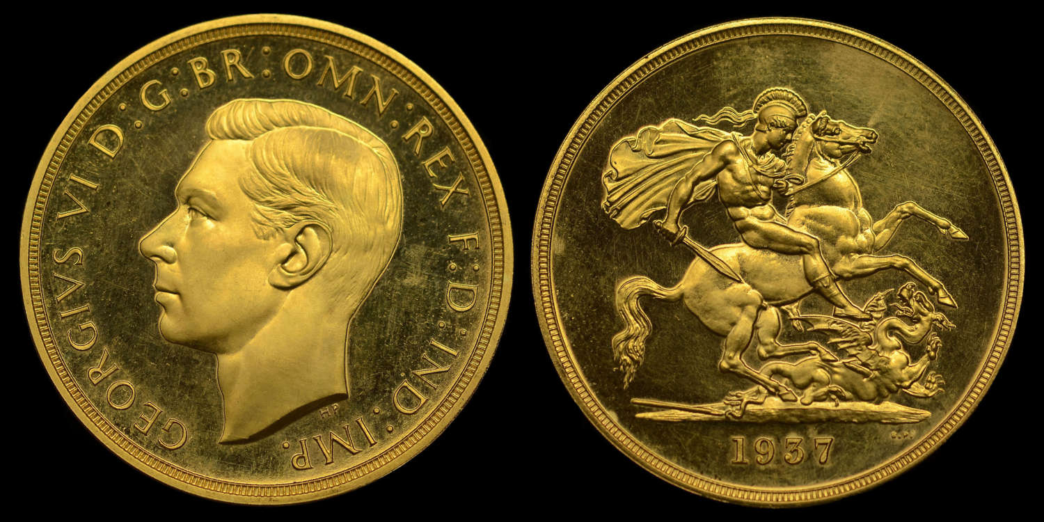 GEORGE VI, 1937 GOLD PROOF FIVE POUNDS, CORONATION ISSUE, PF 64 CAMEO