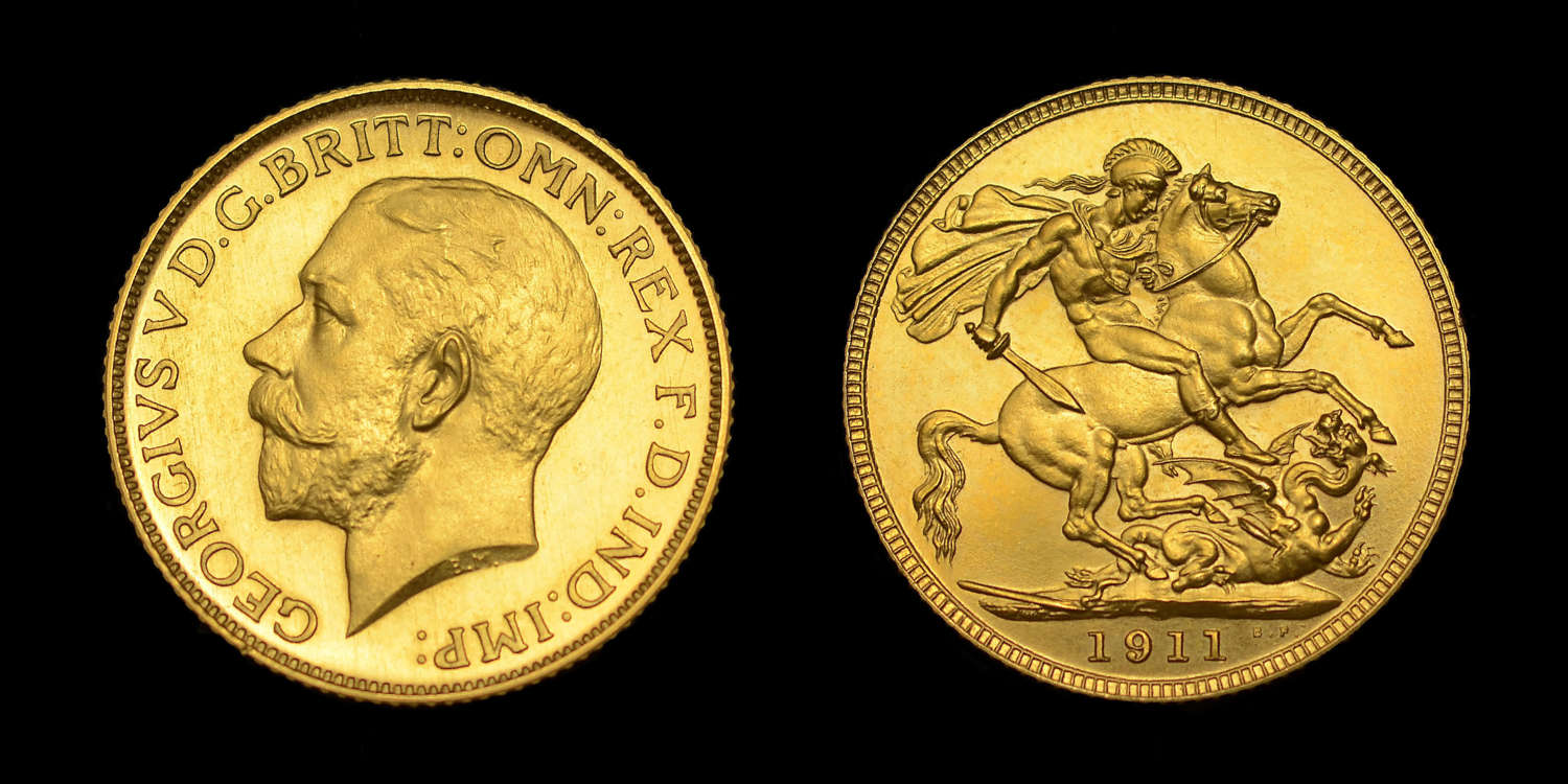 GEORGE V, 1911 GOLD PROOF SOVEREIGN, CORONATION YEAR ISSUE, PF 64