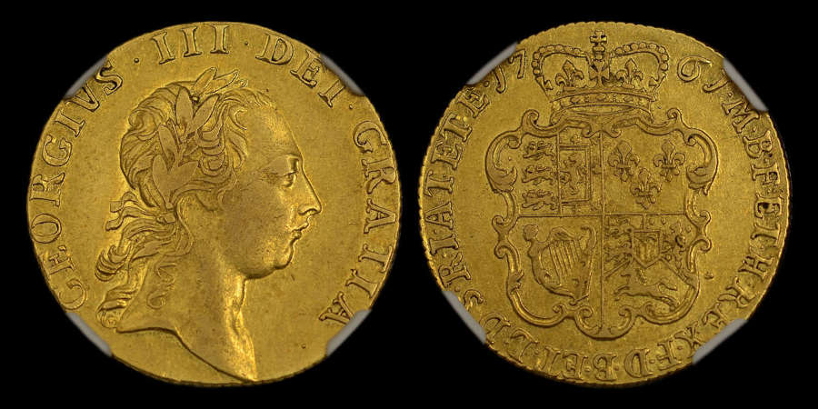 GEORGE III, 1761 GOLD GUINEA, FIRST BUST THREE LEAF TIPS, XF45