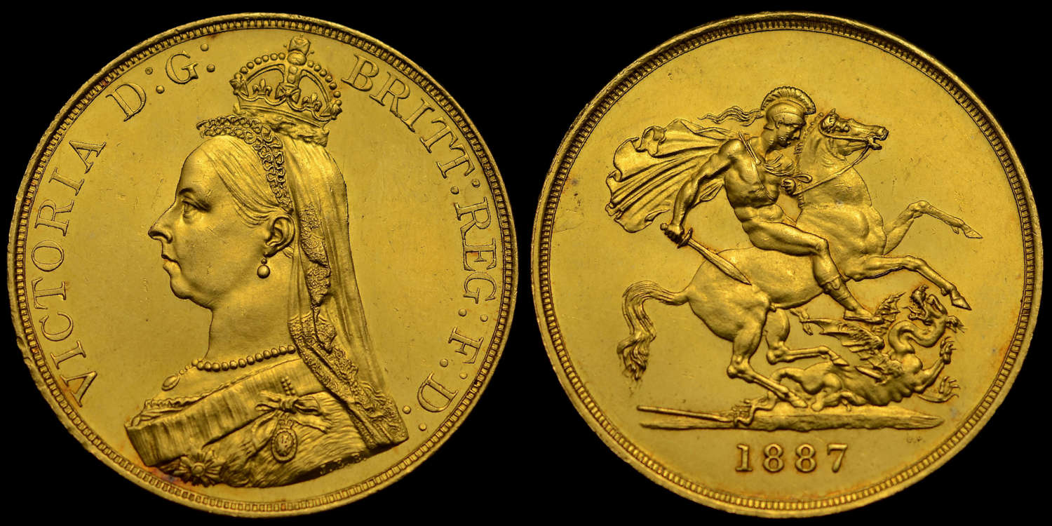 VICTORIA, 1887 GOLD FIVE POUNDS, MS 61