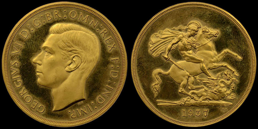 GEORGE VI, 1937 GOLD PROOF FIVE POUNDS, PF 64 ULTRA CAMEO