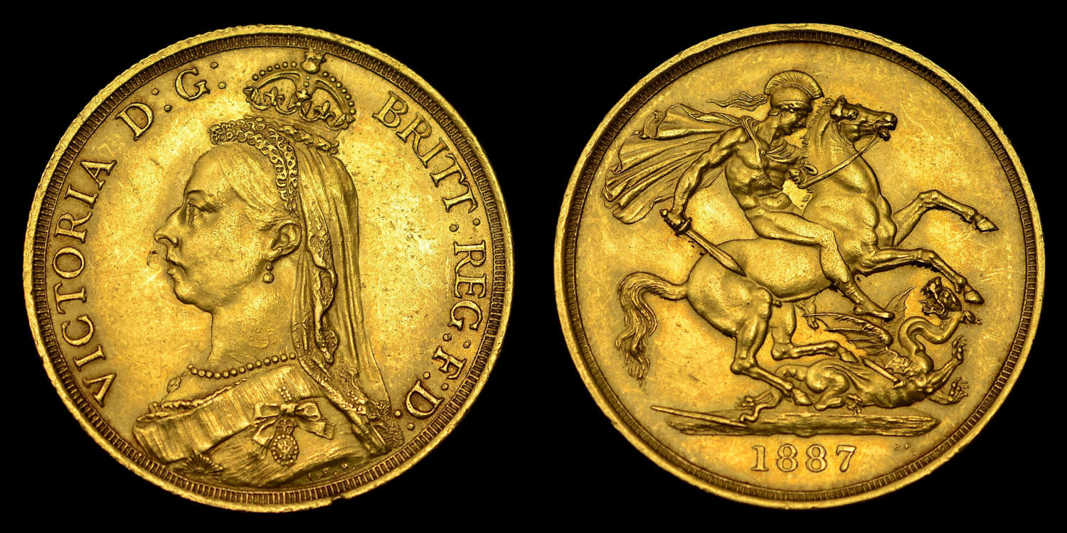 VICTORIA, 1887 GOLD TWO-POUNDS GOLDEN JUBILEE ISSUE SHORT DATE TINY BP