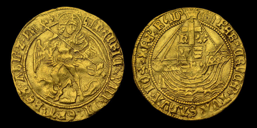 HENRY VIII, GOLD ANGEL, FIRST COINAGE, MINTMARK PORTCULLIS CROWNED
