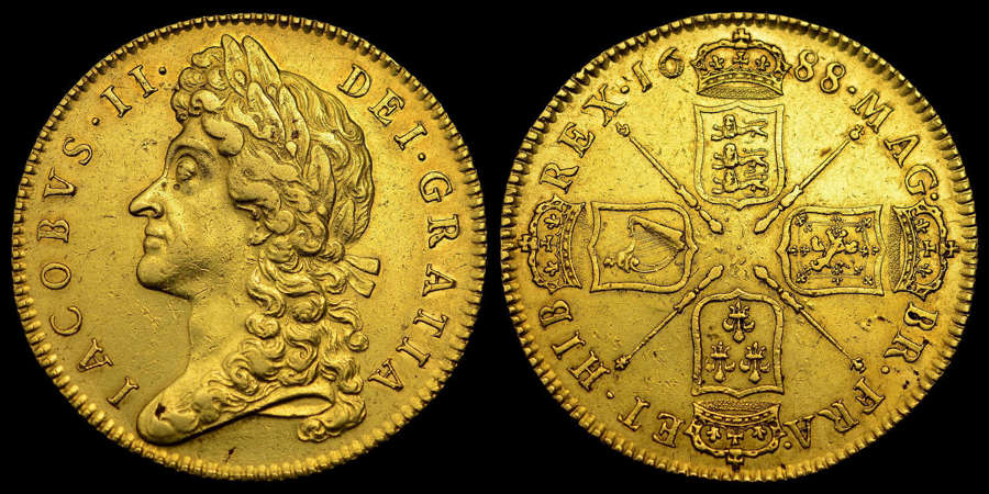 JAMES II, 1688 GOLD FIVE GUINEAS AU53
