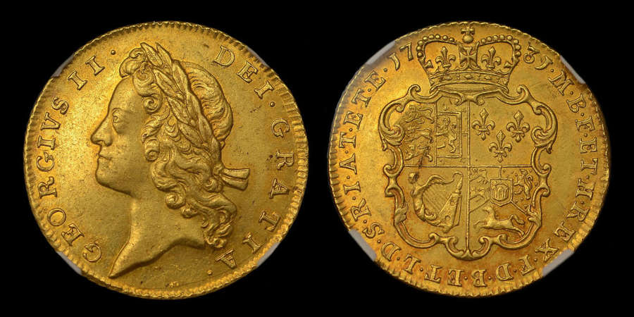 GEORGE II, RARE 1731 GOLD GUINEA, YOUNG HEAD, NGC MS 61